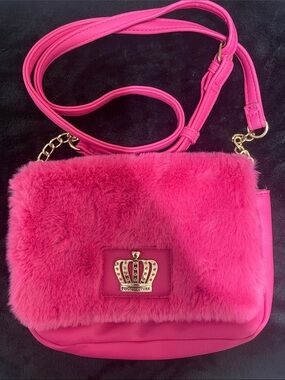 Juicy Couture Bright Pink Faux Fur Crossbody with Gold Crown Accent